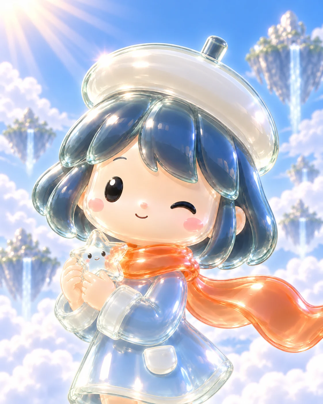 PONS WAIFU holding a small glass charm among the clouds