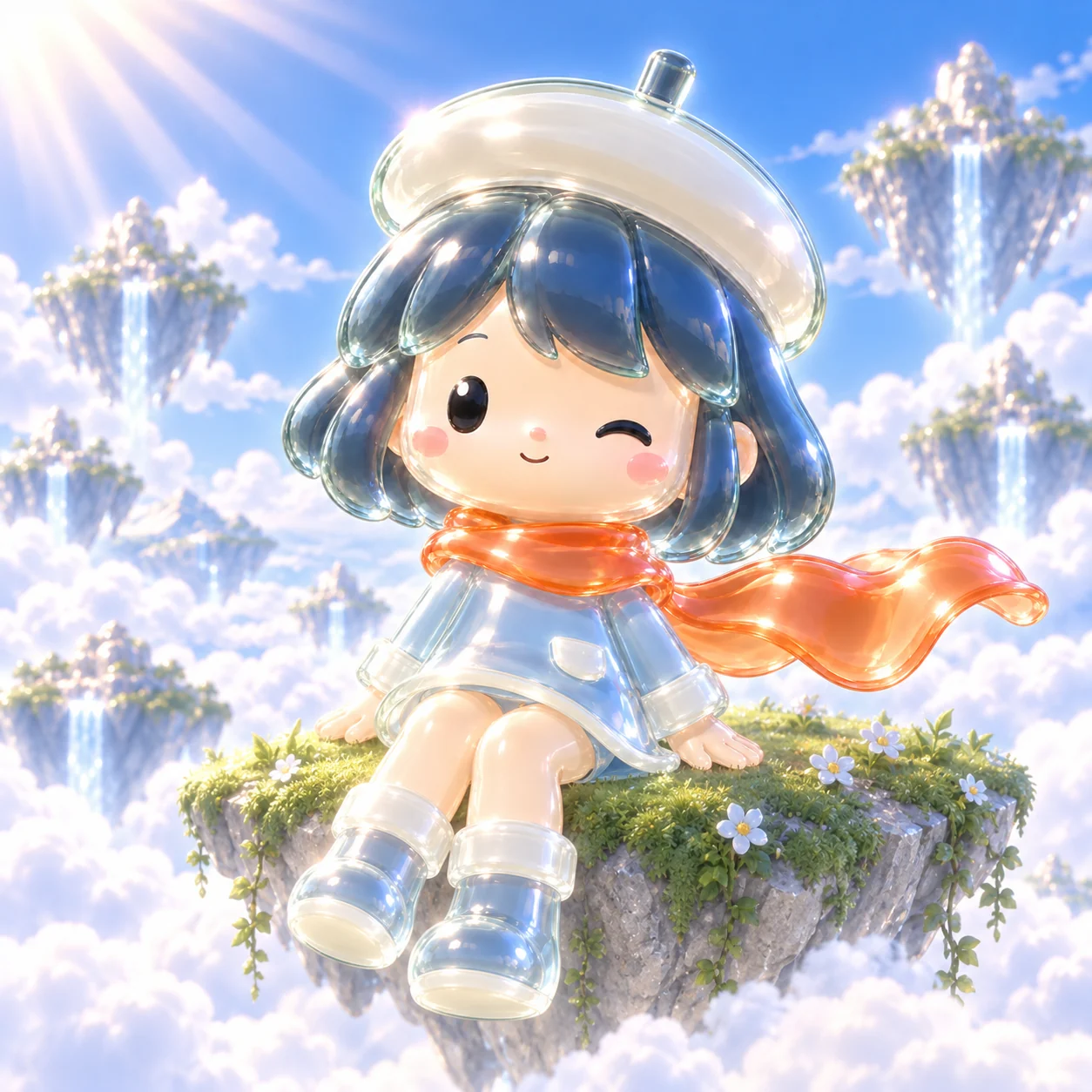 PONS WAIFU sitting on a small island among the clouds
