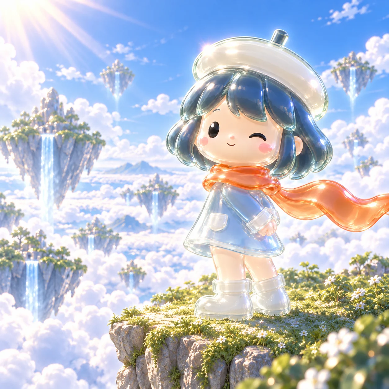 PONS WAIFU standing on a floating island