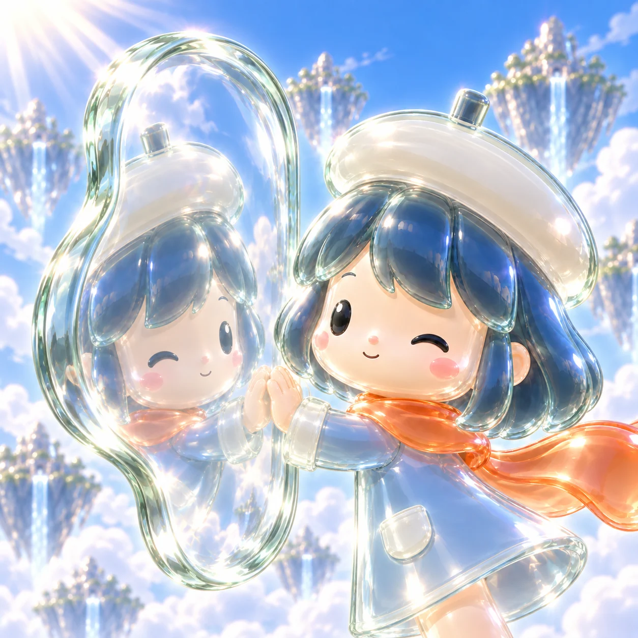 PONS WAIFU looking into a glass reflection